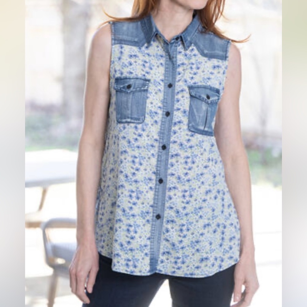 Papillon Blue Denim and floral Top